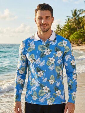 NWT | GGOV Blue & White Floral Tropical Long Sleeve Performance Polo Shirt | Lar